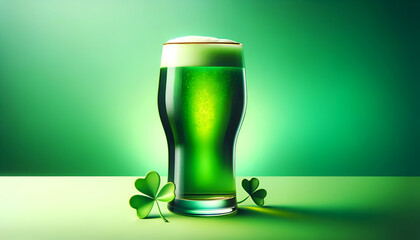 Festive green beer with shamrocks for St. Patrick's. St. Patrick's Day celebration with traditional green pint. Glass of green beer and clover leaves on St. Paddy's colored background, copy space