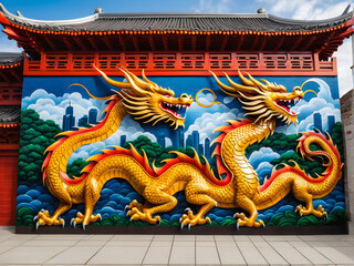 Obraz premium City Wall Dragon Majesty: A Breathtaking Capture of the Wooden Dragon Mural Celebrating Chinese New Year. generative AI