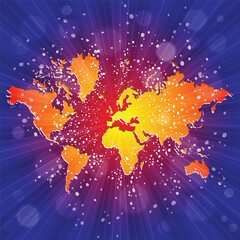 World map. Political map of the world on a bright, colorful background. Globe. Sun rays. Bright yellow, blue, red, orange, green color explosive background. Vector
