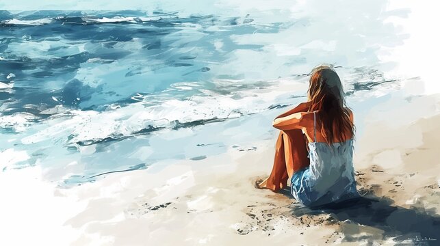Creative wallpaper with Woman sitting on the sea beach in nature, art