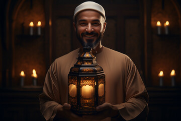Lantern on wooden table with bokeh background. Ramadan Kareem concept