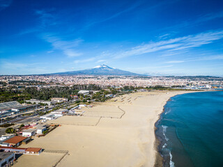 Beach in Catania, view of the Etna volcano, aerial shot