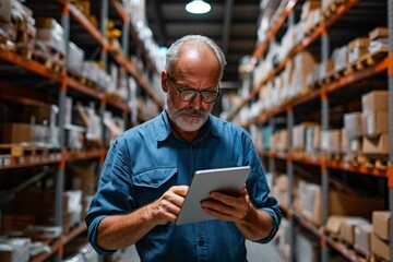 Man in a warehouse looking at a tablet Generative AI