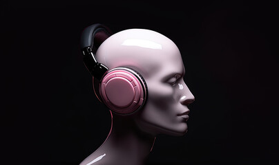 Profile of a man listening to music on headphones dark background