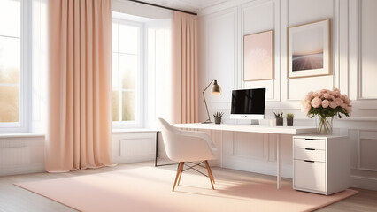 Fototapeta na wymiar Modern interior of workplace in light peach colour, neoclassic style