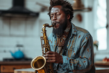 An African-American musician plays the saxophone in the kitchen of a house - obrazy, fototapety, plakaty
