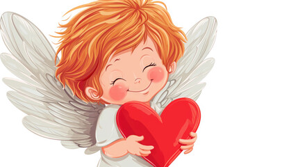 child angel closed his eyes with happiness, pressed his heart to his chest, on a white background