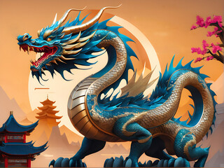 Obraz premium Futuristic Harmony: Chinese Digital Dragon – A Visually Stunning Illustration Celebrating the Chinese New Year Symbol. generative AI