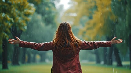 Happy beautiful woman with open arms under the rain, enjoying the rain outdoors. - obrazy, fototapety, plakaty