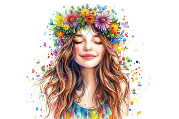 happy girl wearing a wreath of flowers on her head, eyes closed, dreaming, bright summer watercolor drawing, white background