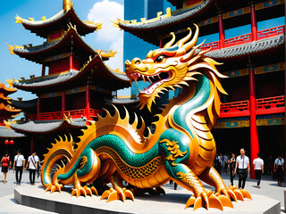 Fototapeta na wymiar Dragon Majesty Unveiled: A Breathtaking Chinese New Year Art Installation Featuring a Seamless Wooden Dragon Sculpture at the Heart of the Cityscape. generative AI