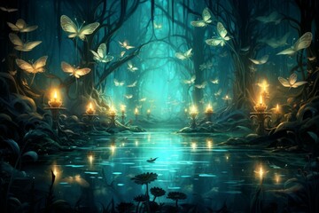 Luminescent spirit fireflies in Fantasy - Generative AI - obrazy, fototapety, plakaty