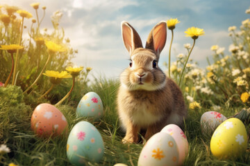 Fototapeta na wymiar Easter bunny or rabbit with colorful Easter eggs in flowery meadow background