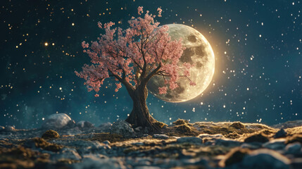 Cherry tree blooming under a large moon