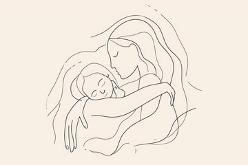 Abstract mother with a child in continuous one line art style Mothers Day card Woman hugging