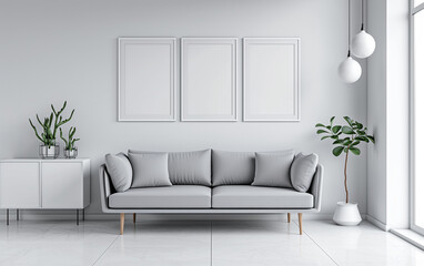 Interior of the living room. Furnished with a sofa, table, vase, and houseplants. Modern and minimalist style interior