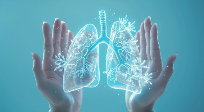 A person's hands holding a blue and green image of a lung Generative AI