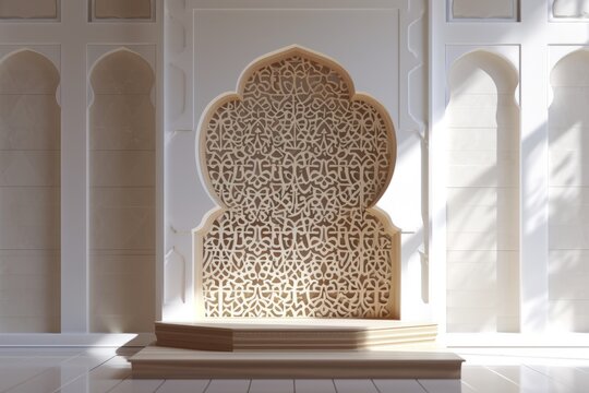 Podium with Islamic arches and patterns, providing a sophisticated display for traditional and cultural products.