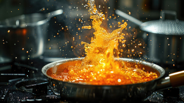 Vivid orange oil splashing in a hot frying pan.