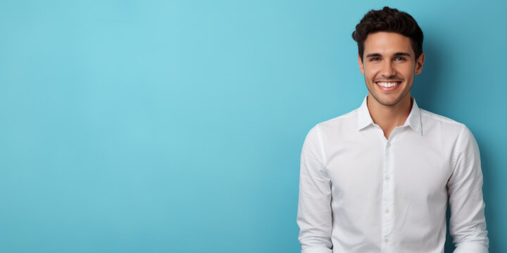 Handsome Smiling Man In White Shirt On Pastel Light Blue Background, Wide Copyspace Banner