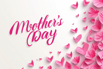 Mother's day greeting card  banner with flying pink paper hearts Love symbols