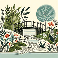 A rustic wooden bridge over a gently flowing stream. Artistic illustration.
