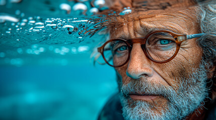 Old man with glasses having a hard time, head under water. - obrazy, fototapety, plakaty