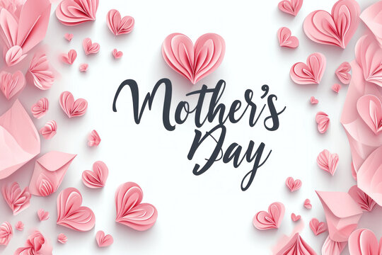 Mother's day greeting card  banner with 3d flying pink paper hearts Minimalism