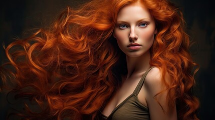 Beautiful female face with powerful silky hair and chic hairstyle done in a beauty salon. Perfect image of a beautiful red-haired woman with developing hair. Illustration for beauty magazine.