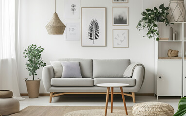 Interior of the living room. Furnished with a sofa, table, vase, and houseplants. Modern and minimalist style interior