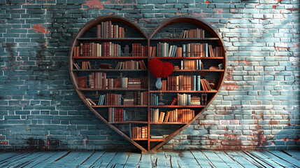 Education Day, Book Day, a bookcase shaped like a Heart in a brick wall, in the style of digital, study, Library, Generative Ai