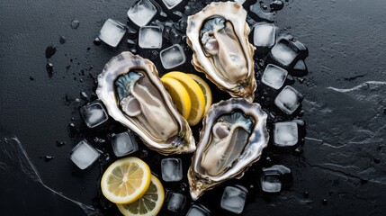 Oysters on ice with lemon slices and herbs on a dark slate background. - obrazy, fototapety, plakaty