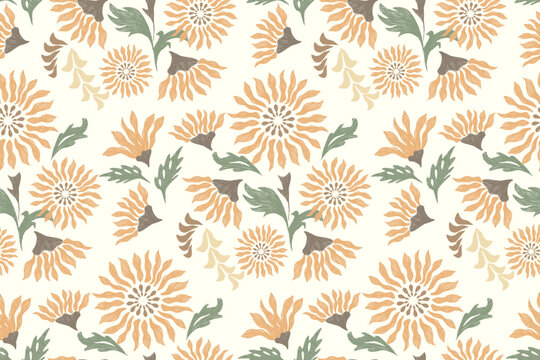 Vintage boho Floral pattern seamless watercolour style paisley embroidery with Sunflower ditsy motifs. Traditional  flower Ikat pattern seamless vector illustration design .