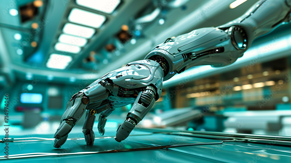 Poster future technology and robotics: a conceptual image of a robotic hand touching a virtual interface, r