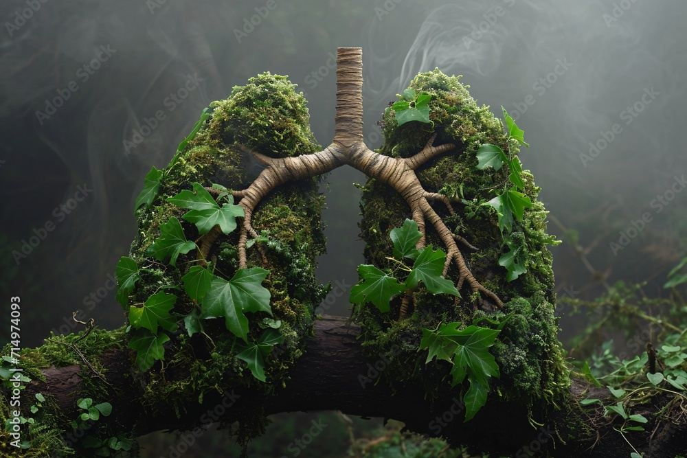Poster a close-up of a tree branch with moss and leaves, creating a natural and serene atmosphere. generati