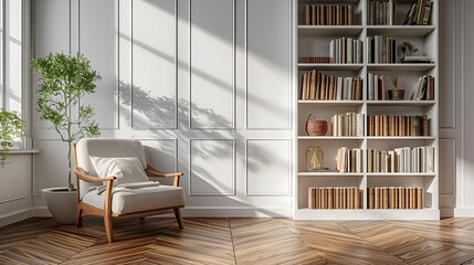 Reading place with wooden floor, bookshelves, white wall, World Book Day, Education Day, Library, Generative Ai