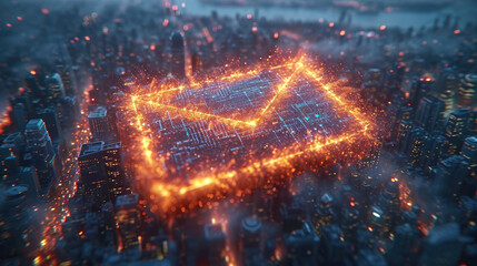  Luminous email icon network enveloping a high-tech city at night