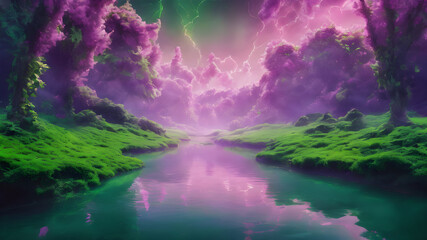 Magical fantasy lavender green forest with river illustration  - obrazy, fototapety, plakaty