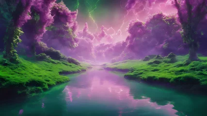 Poster Magical fantasy lavender green forest with river illustration  © spyduckz
