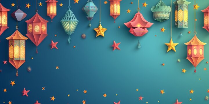 Festive Ramadan Kareem background template with a lively color palette, incorporating lanterns, stars, and geometric patterns for a joyful atmosphere