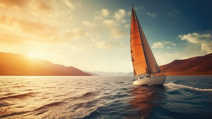 A yacht against a backdrop of mountains and calm sea. Active vacation concept. Sailing vessel at sunset. Illustration for cover, card, postcard, interior design, banner, poster, brochure, presentation