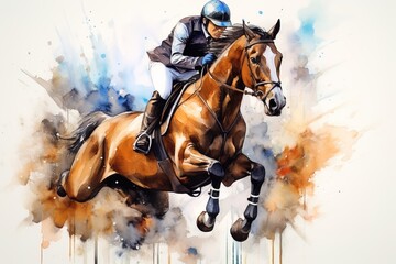 Equestrian Sports watercolor style. Generation AI - obrazy, fototapety, plakaty