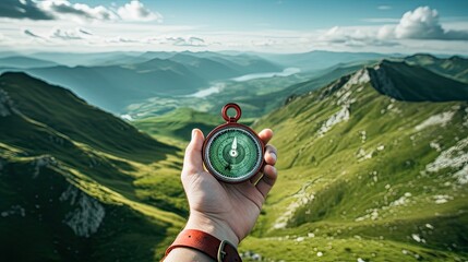 Compass in man's hand in front of summer mountain landscape with green hills and cloudscape - obrazy, fototapety, plakaty