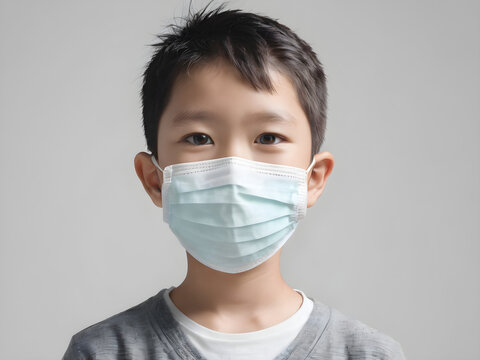 Asian boy wearing protective medical face mask with copyspace, Generative AI illustration