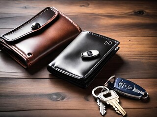 Two leather wallets and a set of car keys, laid on a polished wooden surface. Generative AI.