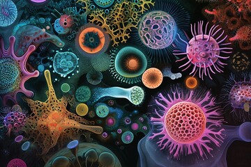 A vibrant and colorful collection of microscopic organisms Generative AI