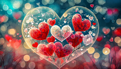 Coeur translucide rempli de coeurs rouge et blancs avec un magnifique bokeh, Saint Valentin, mariage, sentiment d'amour et de romantisme - obrazy, fototapety, plakaty
