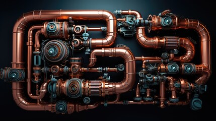 Intricate Cooper pipes system - obrazy, fototapety, plakaty