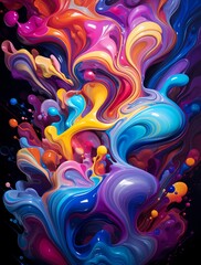 A vibrant whirlpool of liquid hues, swirling and splashing in a 3D abstract environment, capturing the essence of vivid color and dynamic fluidity with HD precision