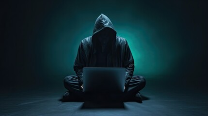 Guy hacker sits at a table in front of a laptop on a dark background. The man is stealing data. The concept of cybercrime and cybersecurity. Technology illustration for banner, brochure, presentation.